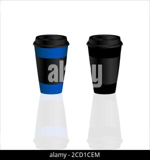 Takeaway Hot coffee cups. It can be any kind of hot drink like Hot green tea latte, Hot latte coffee or Cappuccino. Dark blue and black paper cup with Stock Vector