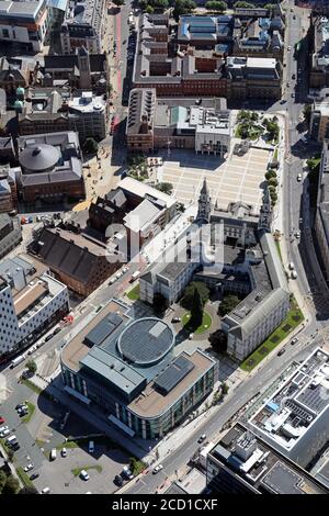 aerial view of Leeds Beckett Business School, The Civic Hall and Millennium Square, Leeds, West Yorkshire Stock Photo