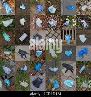 6x6 Montage of discarded single use protective PPE face masks and gloves. During the lockdown period, there has been a huge increase of littering. Stock Photo