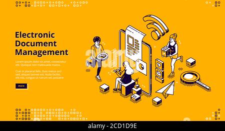 Electronic document management banner. Online documents storage, digital system of paper organization. Vector landing page of manage business paperwork with isometric people and electronic device Stock Vector