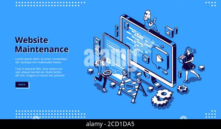 Website maintenance banner. Concept of update internet software, development and management webpages. Vector landing page of site under construction with isometric working people and computer screen Stock Vector