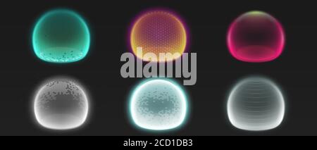 Force shield bubbles, energy glowing spheres or defense dome fields. Science fiction various deflector elements, firewall absolute protection isolated on black background, Realistic 3d vector set Stock Vector