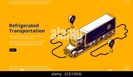 Refrigerated transportation banner. Lorry with refrigerator container for delivery and shipping cold goods and freezed cargo. Vector landing page with isometric truck Stock Vector
