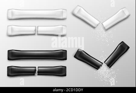 Sugar sticks for coffee in white and black packs. Vector realistic mockup of blank paper sachet with sugar or salt front view. Torn packet with falling white granules Stock Vector