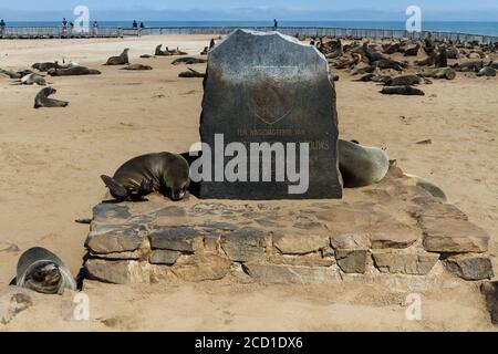 Seal colony of Cape Cross, Skeleton Coast, Namibia. Skeleton Coast is an extremely arid area, with dense fogs, strong winds and wrecked boats Stock Photo