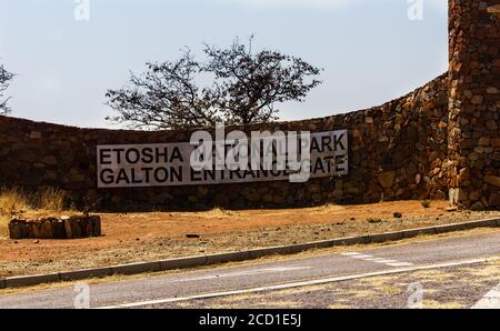 Galton Entrance Gate from Etosha National Park, declared a game reserve in 1907 and today the main park in Namibia Stock Photo