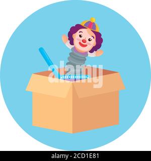 clown toy on box carton, in round frame Stock Vector