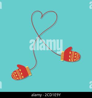 red mittens with yellow ornament, hand-drawn on a red rope folded in the shape of a heart on a cyan background Stock Vector