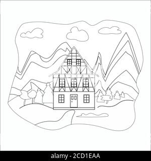 coloring book drawn house in alpine style on a background of mountains, flat style Stock Vector