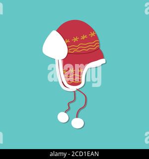 red ushanka hat with hand-drawn yellow ornament white bells on red strings on a blue background Stock Vector