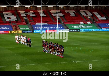 Bristol Bears and Exeter Chiefs players line up as they observe a minutes silence in support of the NHS prior to the beginning of the Gallagher Premiership match at Ashton Gate, Bristol. Stock Photo