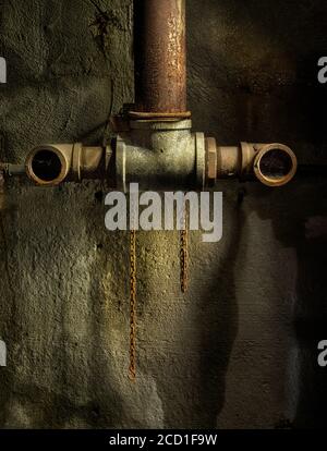 Rusty pipes in dark damp abandoned factory, Pennsylvania, USA Stock Photo