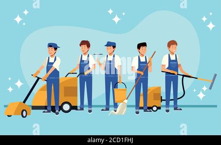 housekeeping male team workers with equipment tools vector illustration design Stock Vector