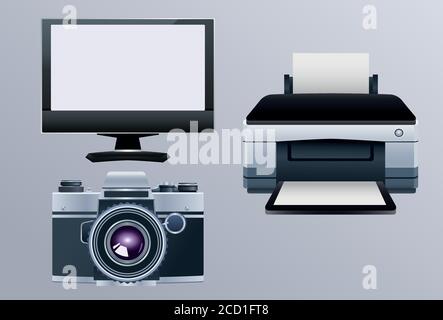 printer hardware machine with monitor and camera vector illustration design Stock Vector