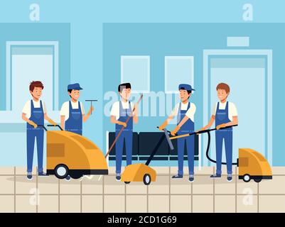 housekeeping male workers with equipment tools vector illustration design Stock Vector