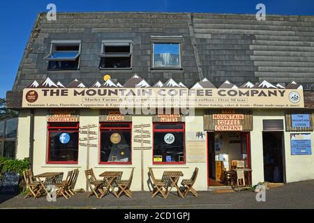 Exterior of The Mountain Coffee Company in Gairloch, Scottish Highlands on a sunny summer day. No people. Stock Photo