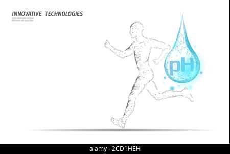 Water aqua pH jogger rehydration concept. Health care against dehydration isotonic electrolytes drink. Runner sportsman low poly 3D vector Stock Vector