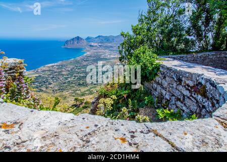 View towards San Vito Lo Capo from Castello di Venere (Venus Castle) in Erice, near Trapani in northwestern Sicily, Italy Stock Photo