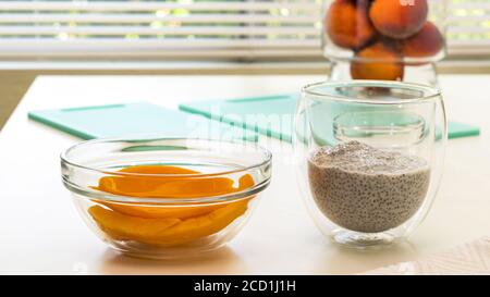 Mango Chia seed layered pudding smoothie. Vegan healthy breakfast, dessert Stock Photo