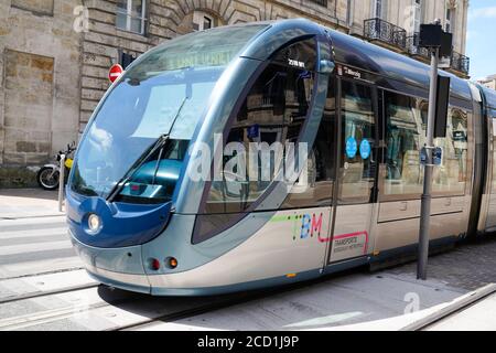 Bordeaux , Aquitaine / France - 08 16 2020 : tram on city street of Bordeaux, town France Stock Photo