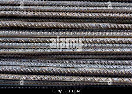 Brand new armature. Reinforcements steel bars stack. Close up steel construction armature. Construction rebar steel work reinforcement in conncrete st Stock Photo