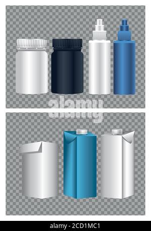 boxes carton and bottles packings products branding icons vector illustration design Stock Vector