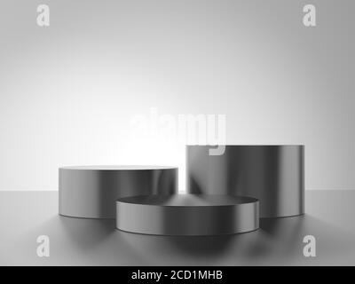 Cylinder metal podium isolated on gray background. Template for visualizing products. Exhibition. 3d illustration. Steel. Stock Photo