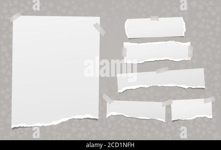Torn of white note, notebook paper strips and pieces stuck with sticky tape on grey background created from square shapes. Vector illustration Stock Vector