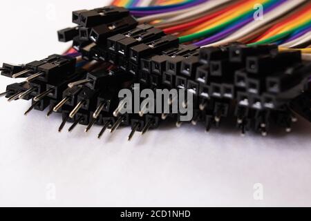 Multicolored computer wires on a white background close up Stock Photo