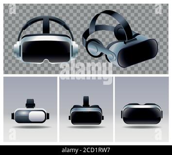five virtual reality masks accessories with gray and checkered backgrounds vector illustration design Stock Vector