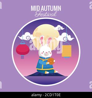 mid autumn card with rabbit and fullmoon scene vector illustration design