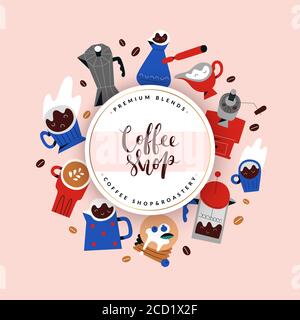Coffee packaging label design, modern arrangement with illustrations of coffee tools and drinks in cups, mugs, decorative menu design template, good Stock Vector