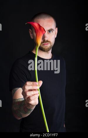 Portrait of young man holding single red calla flower on black background, greeting card or concept Stock Photo