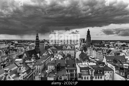 A black and white panoramic view of Wroclaw taken from a vantage point. Stock Photo