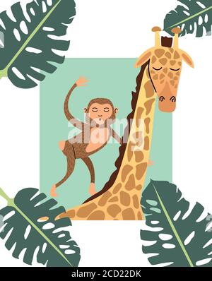 monkey and giraffe animal wild with leafs vector illustration design Stock Vector