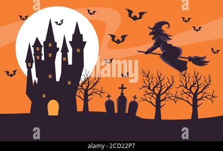 happy halloween card with witch flying in broom and castle vector illustration design Stock Vector