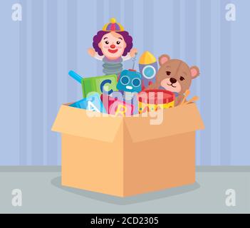 cute kids toys in box carton package Stock Vector