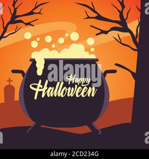 happy halloween card with witch cauldron in cemetery vector illustration design Stock Vector