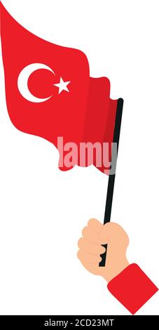 hand holding a turkey flag icon over white background, flat style, vector illustration Stock Vector