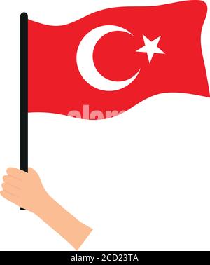 hand with turkey flag icon over white background, flat style, vector illustration Stock Vector