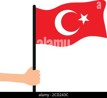 hand holding a turkey flag icon over white background, flat style, vector illustration Stock Vector