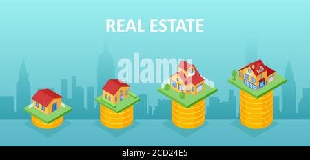 Home value concept. Vector of different houses standing on top of stacks of coins Stock Vector