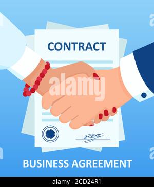 Vector of a businesswoman handshaking with businessman on a background of contract document Stock Vector