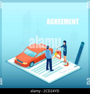 Vector of a sales woman handling car keys to a customer after loan approval Stock Vector