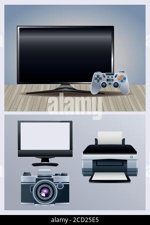 printer hardware machine with monitor and camera vector illustration design Stock Vector