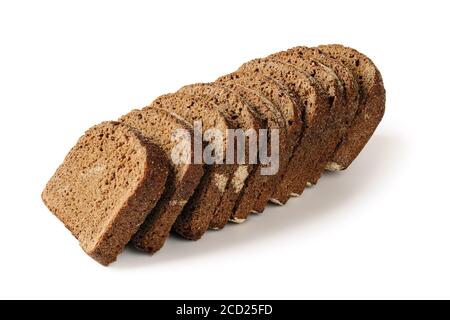 Sliced loaf of fresh rye bread isolated on white background. Low calorie whole grain sourdough bread. Baking of dough and healthy eating. Side view. Stock Photo