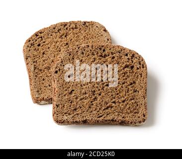 Two rectangular slices of fresh rye bread isolated on white background. Low calorie whole grain sourdough bread. Baking of dough and healthy eating. Stock Photo