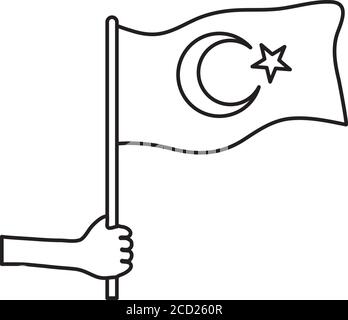 hand holding a turkey flag icon over white background, line style, vector illustration Stock Vector