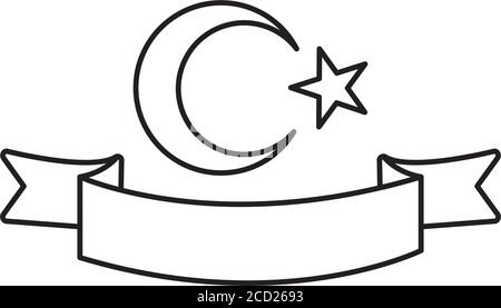 crescent moon and star with decorative ribbon over white background, line style, vector illustration Stock Vector