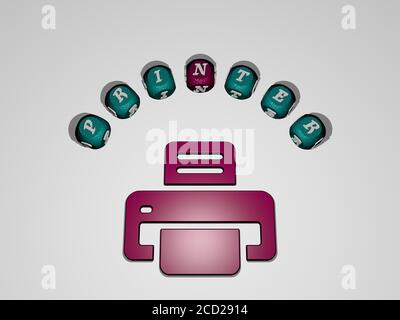 printer icon surrounded by the text of individual letters, 3D illustration Stock Photo